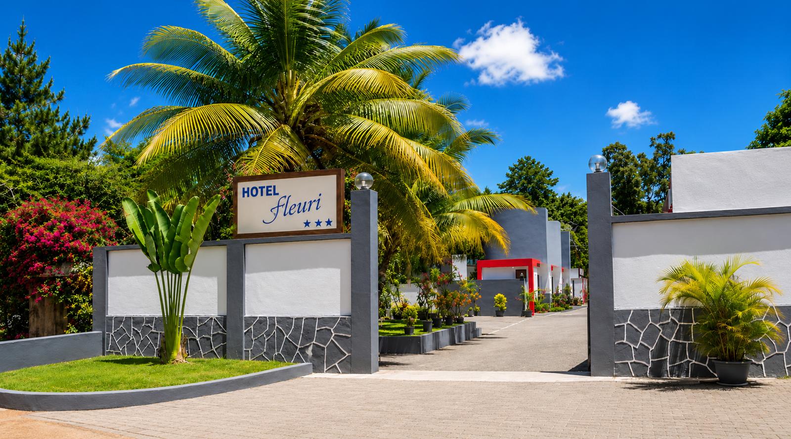Entrée principale arborée de l’Hôtel Fleuri à Tamatave